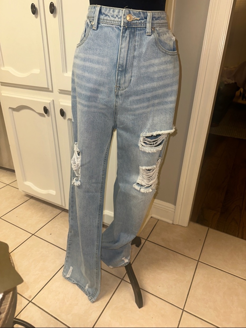 GREY LAB Light Blue High-Rise Distressed Wide-Leg Jeans